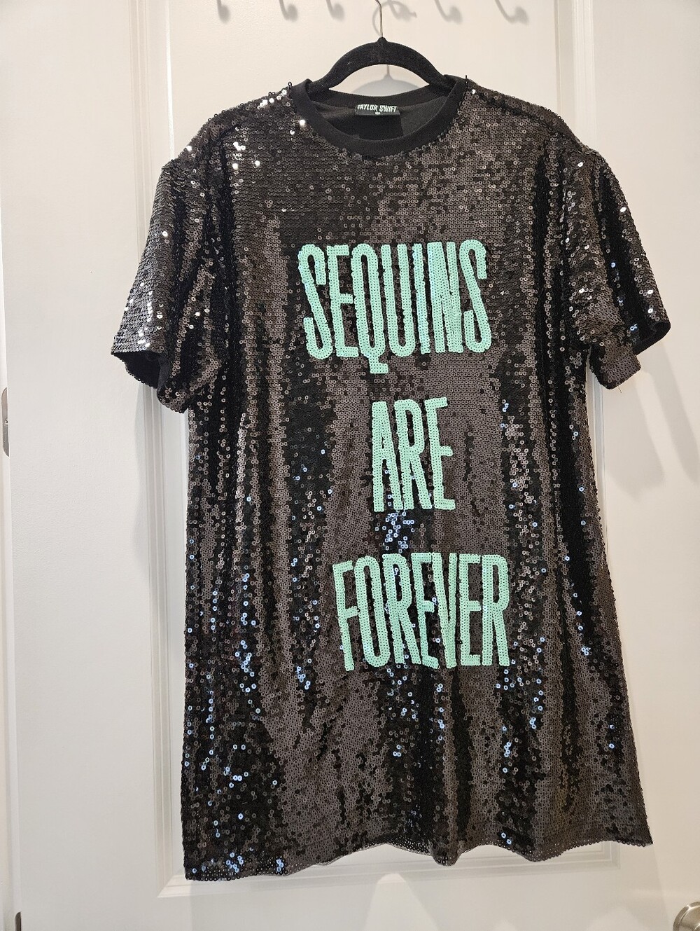 Taylor Swift Black Sequin Tee with Mint Green Lettering..The Life Of A Showgirl